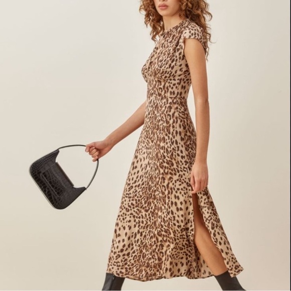 Reformation Zeta Leopard Brown Key Hole Back Midi Dress - Picture 1 of 7